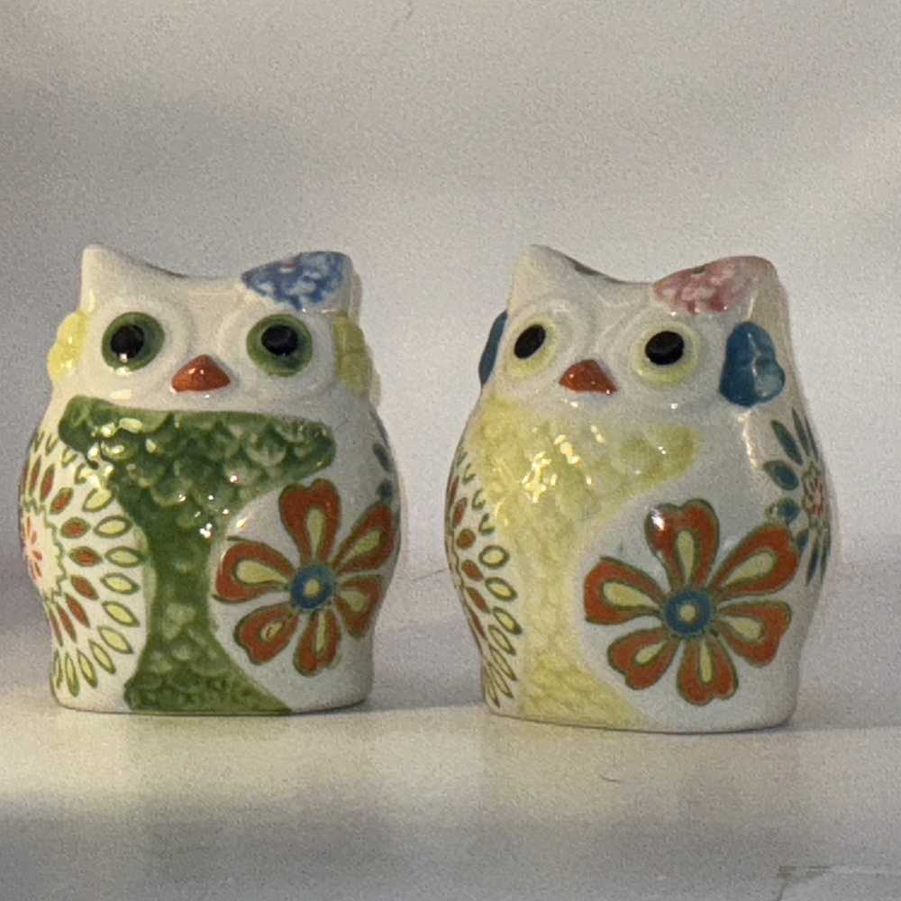 Pier 1 Imports Owl Salt & Pepper Shakers Multicolor Floral Ceramic 3" tall